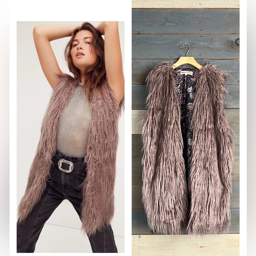 Free People Mauve Long Faux Fur Vest
